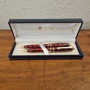 Bill Blass Continental Burgundy Marble Gold Tone Pen Pencil Gift Set